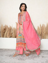 Georgia Peach Printed Pakistani-Style A-Line Suit with Mirror Detailing